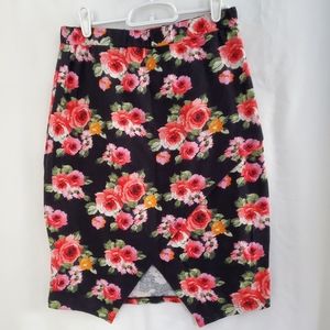 Womens Timing Black Pink Floral Elastic Waistband Pencil Stretch Skirt Size L